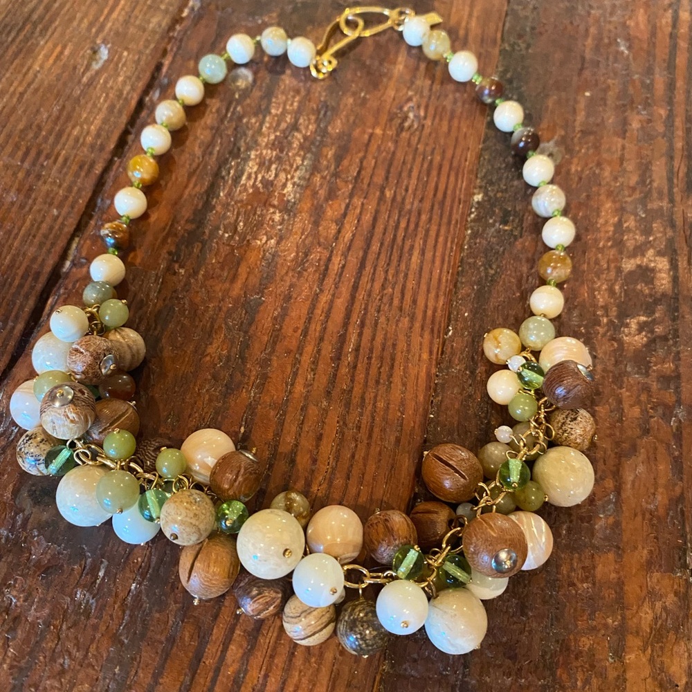 Cream and Brown Cluster Necklace with Semi-Precious Stones